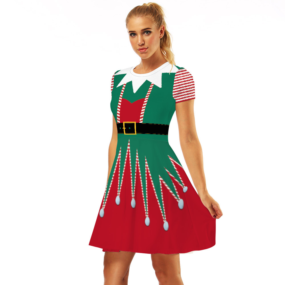 Cross-Border Hot Christmas Digital Printed Dress Short Sleeve round Neck Pleated Skirt Temperament Waist-Controlled Large Swing Skirt for Women