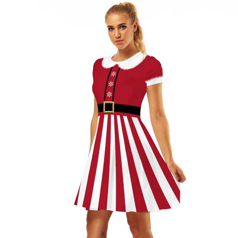 Cross-Border Hot Christmas Digital Printed Dress Short Sleeve round Neck Pleated Skirt Temperament Waist-Controlled Large Swing Skirt for Women