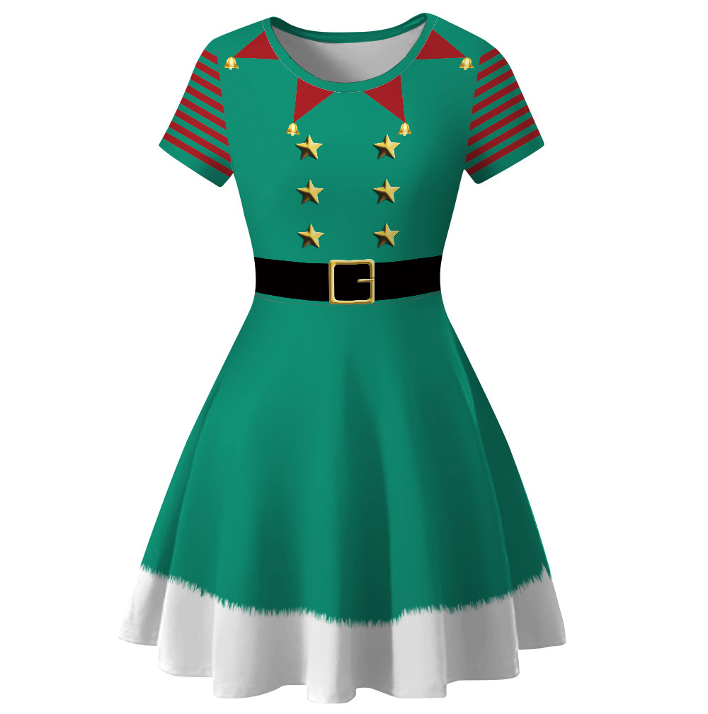 Cross-Border Hot Christmas Digital Printed Dress Short Sleeve round Neck Pleated Skirt Temperament Waist-Controlled Large Swing Skirt for Women