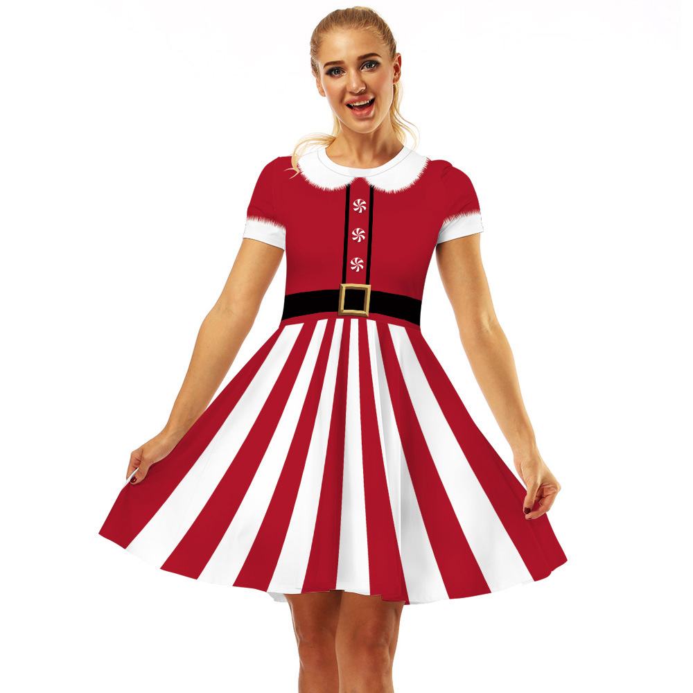 Cross-Border Hot Christmas Digital Printed Dress Short Sleeve round Neck Pleated Skirt Temperament Waist-Controlled Large Swing Skirt for Women