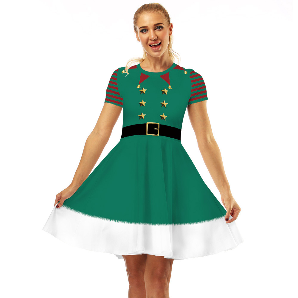 Cross-Border Hot Christmas Digital Printed Dress Short Sleeve round Neck Pleated Skirt Temperament Waist-Controlled Large Swing Skirt for Women