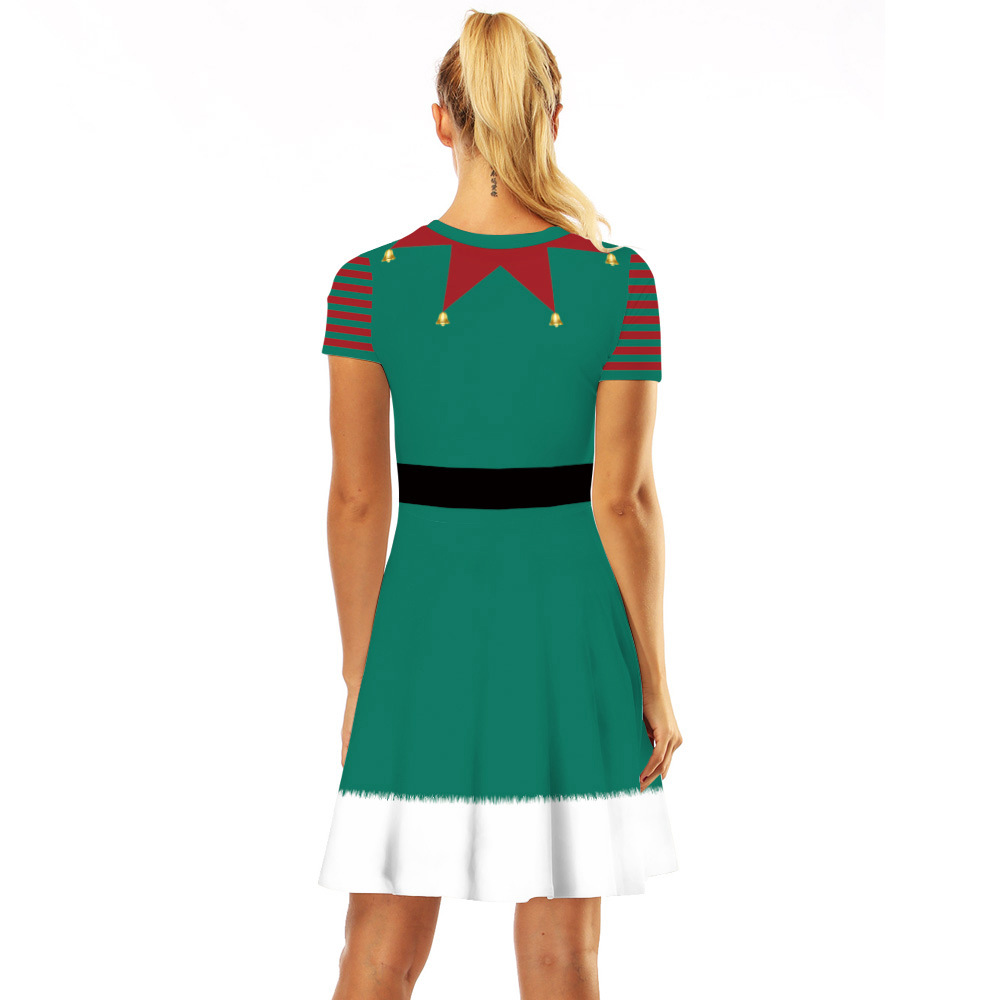 Cross-Border Hot Christmas Digital Printed Dress Short Sleeve round Neck Pleated Skirt Temperament Waist-Controlled Large Swing Skirt for Women