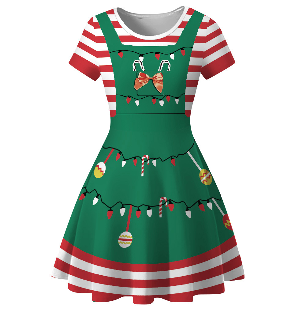 Cross-Border Hot Christmas Digital Printed Dress Short Sleeve round Neck Pleated Skirt Temperament Waist-Controlled Large Swing Skirt for Women