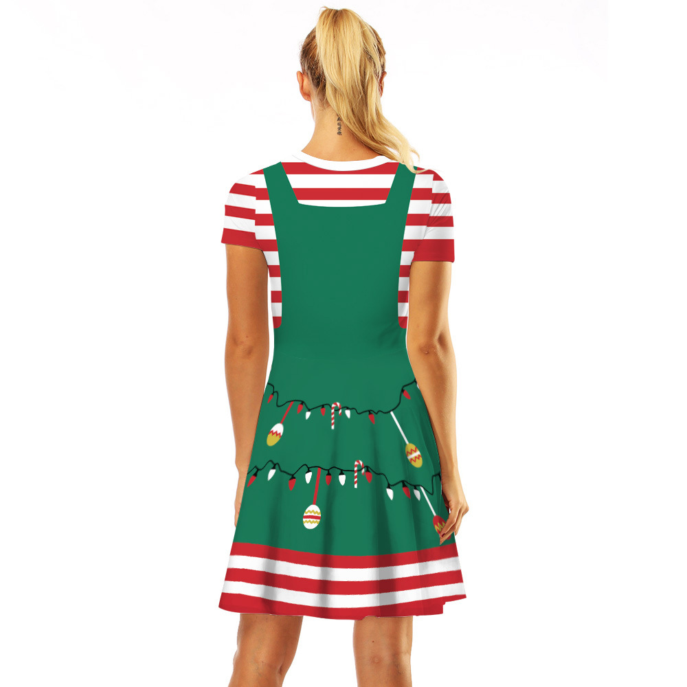 Cross-Border Hot Christmas Digital Printed Dress Short Sleeve round Neck Pleated Skirt Temperament Waist-Controlled Large Swing Skirt for Women