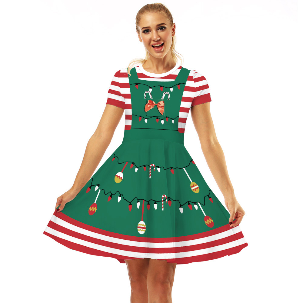 Cross-Border Hot Christmas Digital Printed Dress Short Sleeve round Neck Pleated Skirt Temperament Waist-Controlled Large Swing Skirt for Women