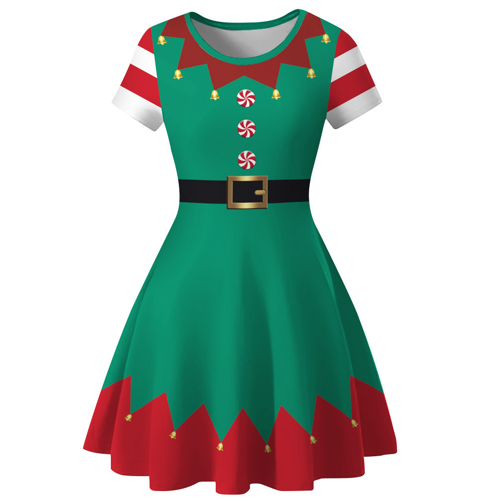 Cross-Border Hot Christmas Digital Printed Dress Short Sleeve round Neck Pleated Skirt Temperament Waist-Controlled Large Swing Skirt for Women