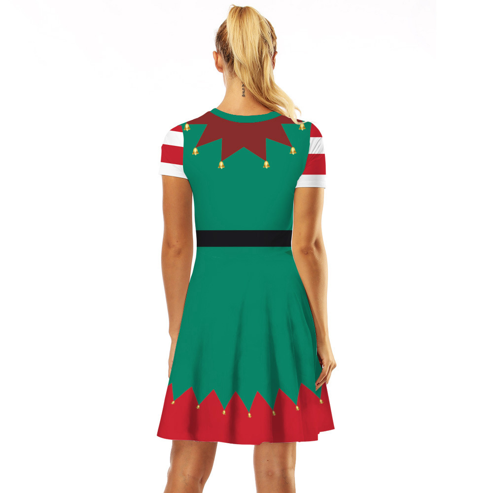 Cross-Border Hot Christmas Digital Printed Dress Short Sleeve round Neck Pleated Skirt Temperament Waist-Controlled Large Swing Skirt for Women