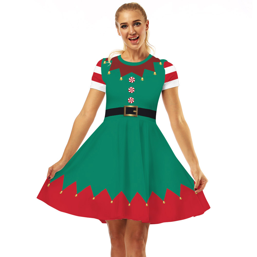 Cross-Border Hot Christmas Digital Printed Dress Short Sleeve round Neck Pleated Skirt Temperament Waist-Controlled Large Swing Skirt for Women