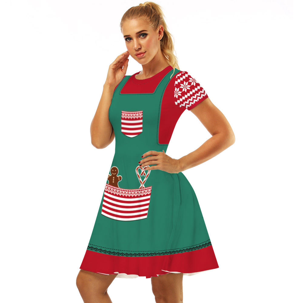 Cross-Border Hot Christmas Digital Printed Dress Short Sleeve round Neck Pleated Skirt Temperament Waist-Controlled Large Swing Skirt for Women