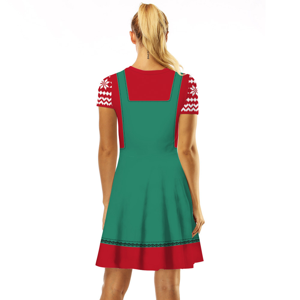 Cross-Border Hot Christmas Digital Printed Dress Short Sleeve round Neck Pleated Skirt Temperament Waist-Controlled Large Swing Skirt for Women