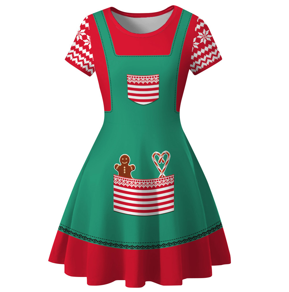 Cross-Border Hot Christmas Digital Printed Dress Short Sleeve round Neck Pleated Skirt Temperament Waist-Controlled Large Swing Skirt for Women