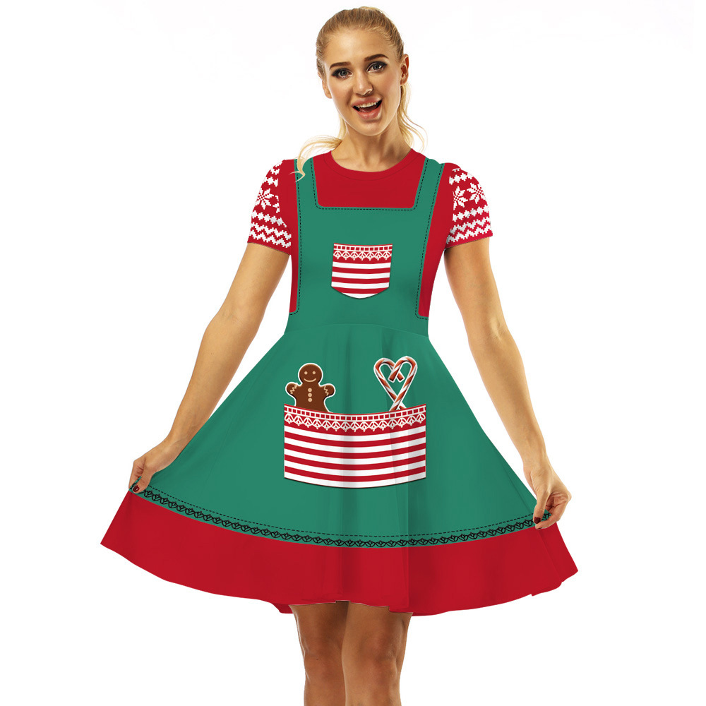 Cross-Border Hot Christmas Digital Printed Dress Short Sleeve round Neck Pleated Skirt Temperament Waist-Controlled Large Swing Skirt for Women