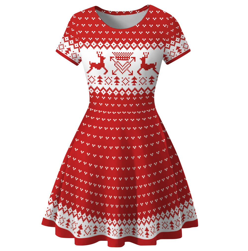 Cross-Border Hot Christmas Digital Printed Dress Short Sleeve round Neck Pleated Skirt Temperament Waist-Controlled Large Swing Skirt for Women