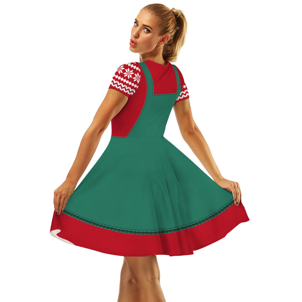 Cross-Border Hot Christmas Digital Printed Dress Short Sleeve round Neck Pleated Skirt Temperament Waist-Controlled Large Swing Skirt for Women