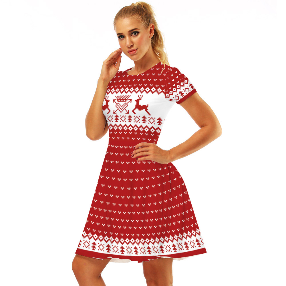 Cross-Border Hot Christmas Digital Printed Dress Short Sleeve round Neck Pleated Skirt Temperament Waist-Controlled Large Swing Skirt for Women
