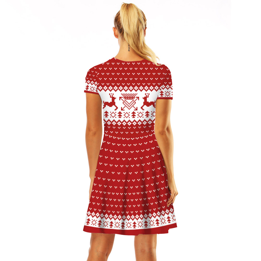 Cross-Border Hot Christmas Digital Printed Dress Short Sleeve round Neck Pleated Skirt Temperament Waist-Controlled Large Swing Skirt for Women