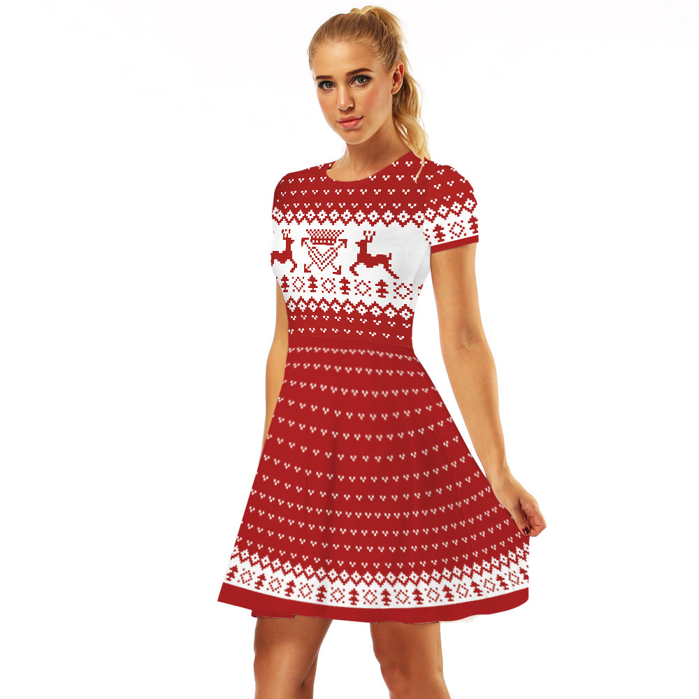 Cross-Border Hot Christmas Digital Printed Dress Short Sleeve round Neck Pleated Skirt Temperament Waist-Controlled Large Swing Skirt for Women