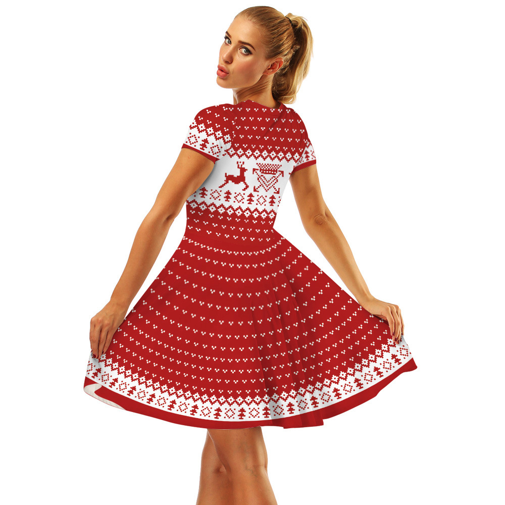 Cross-Border Hot Christmas Digital Printed Dress Short Sleeve round Neck Pleated Skirt Temperament Waist-Controlled Large Swing Skirt for Women