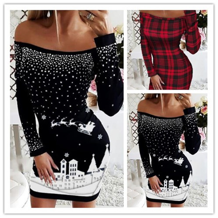 2021 European and American New Long-Sleeved off-Shoulder Foreign Trade Amazon Women&#039;s Black Rhinestone Christmas Style Printed Dress