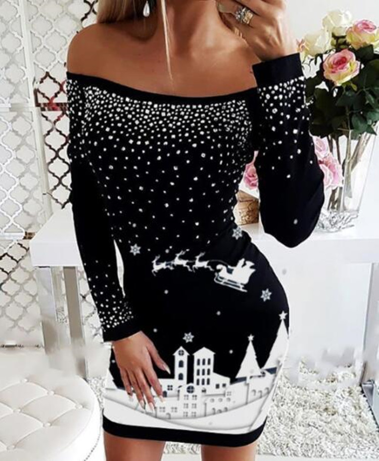 2021 European and American New Long-Sleeved off-Shoulder Foreign Trade Amazon Women&#039;s Black Rhinestone Christmas Style Printed Dress
