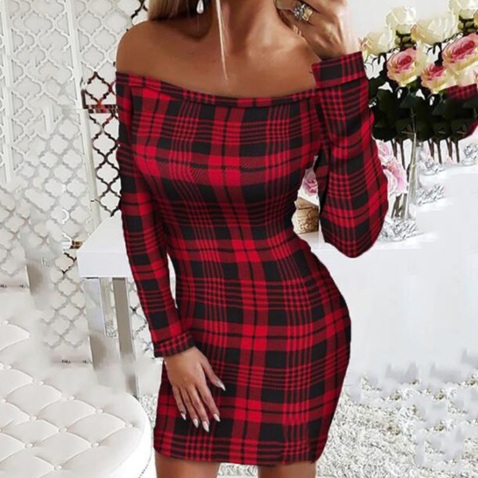 2021 European and American New Long-Sleeved off-Shoulder Foreign Trade Amazon Women's Black Rhinestone Christmas Style Printed Dress