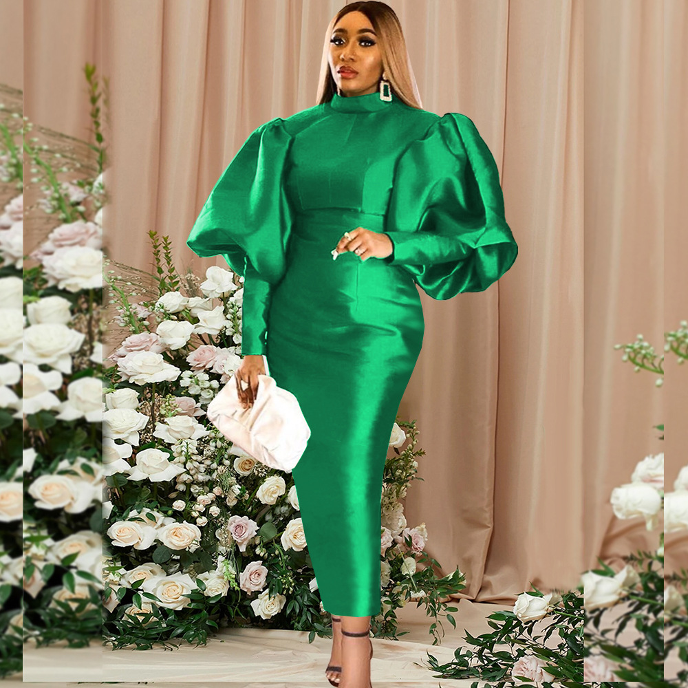 Green Puff Sleeve Christmas Dress Banquet Evening Dress plus Size Women's Dress Long Dress Party Dress
