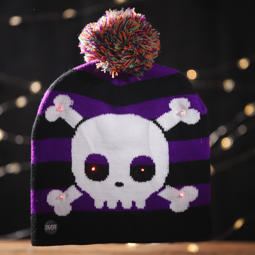 Haobei Halloween New Luminous Knitted Hat Skull Ghost Hat with Light Children&#039;s Adult Cap Party Supplies Hat