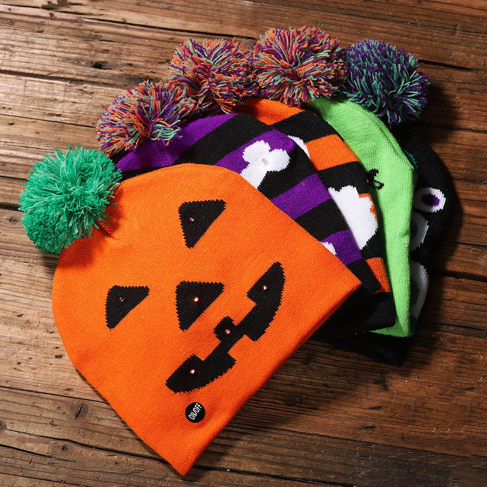 Haobei Halloween New Luminous Knitted Hat Skull Ghost Hat with Light Children&#039;s Adult Cap Party Supplies Hat