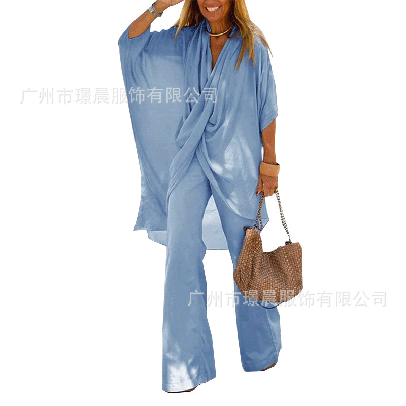 Amazon Hot 2021 Summer Cross-Border New Arrival Foreign Trade Women&#039;s Clothing Stitching Raglan Sleeve Top Trumpet Two-Piece Set