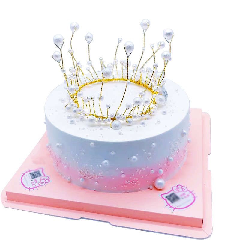 Factory Direct Handmade round Pearl Crown Cake Decoration Red Bright Frosted with Light Optional Birthday Crown