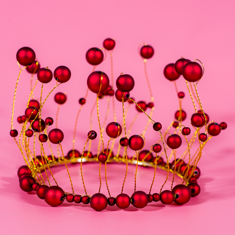 Factory Direct Handmade round Pearl Crown Cake Decoration Red Bright Frosted with Light Optional Birthday Crown