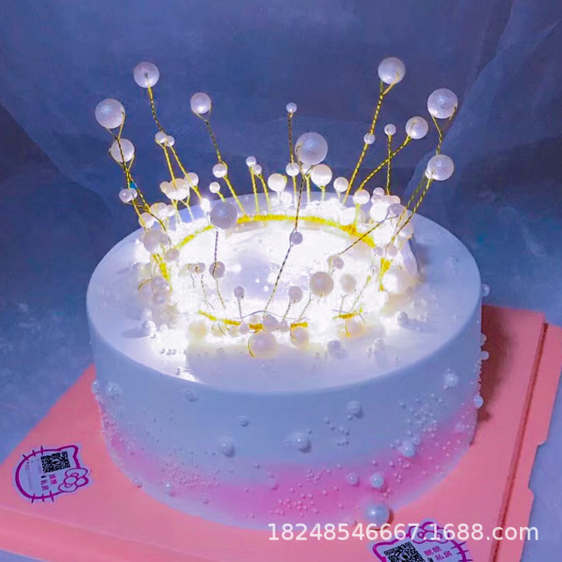 Factory Direct Handmade round Pearl Crown Cake Decoration Red Bright Frosted with Light Optional Birthday Crown