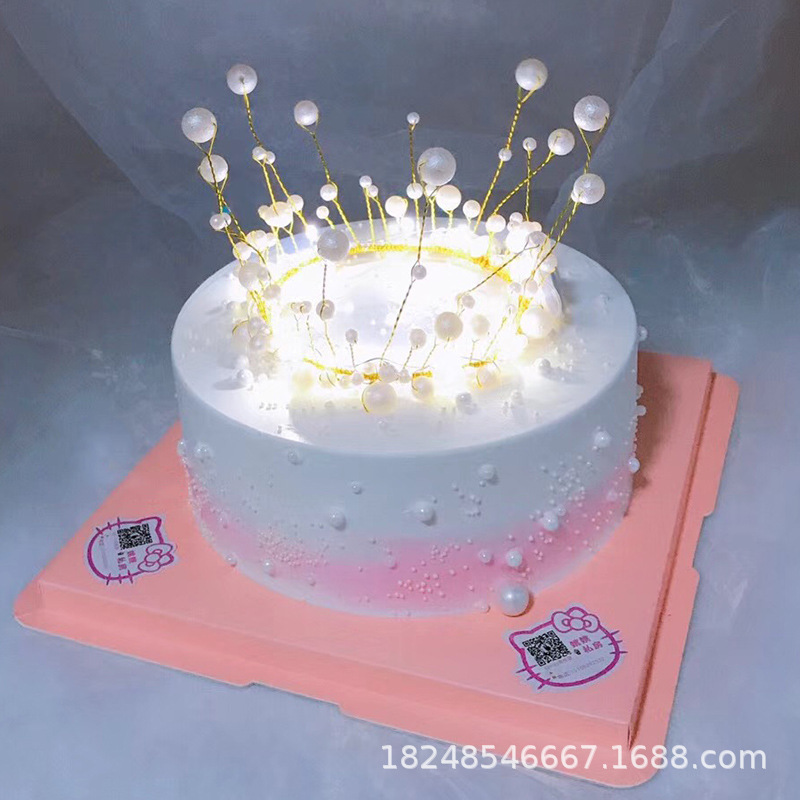 Factory Direct Handmade round Pearl Crown Cake Decoration Red Bright Frosted with Light Optional Birthday Crown