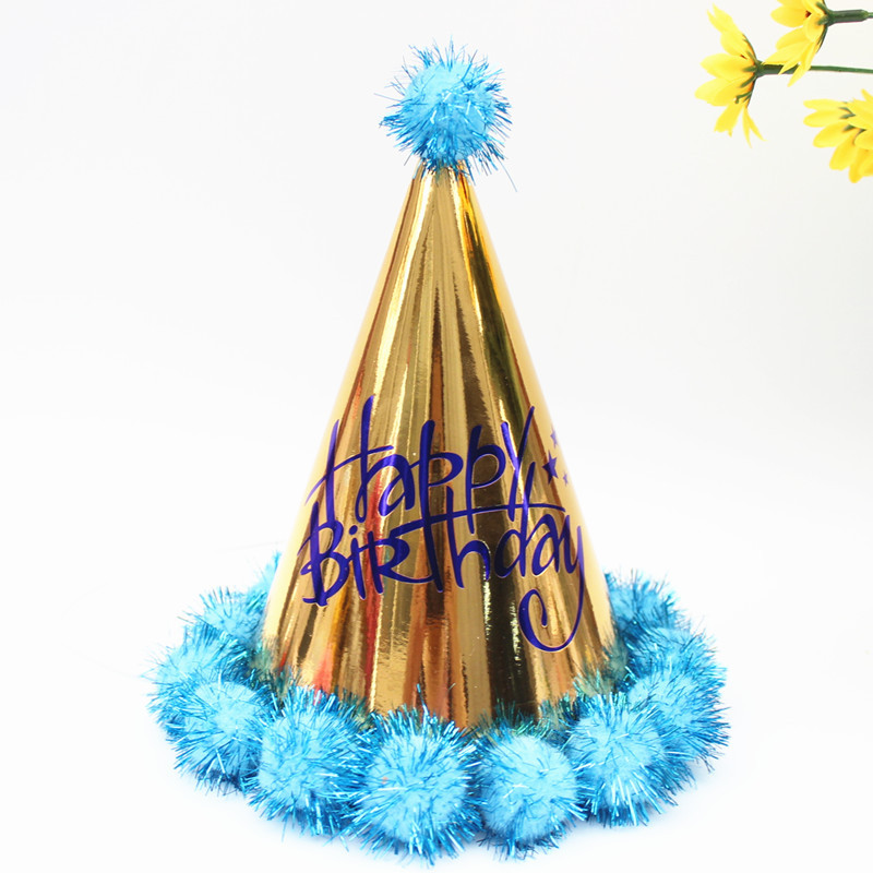 Children's Adult Birthday Hat Laser Reflective Pointed Ball Cap Party Cone Hat Crown Cap Fluffy Ball Cap Birthday Crown