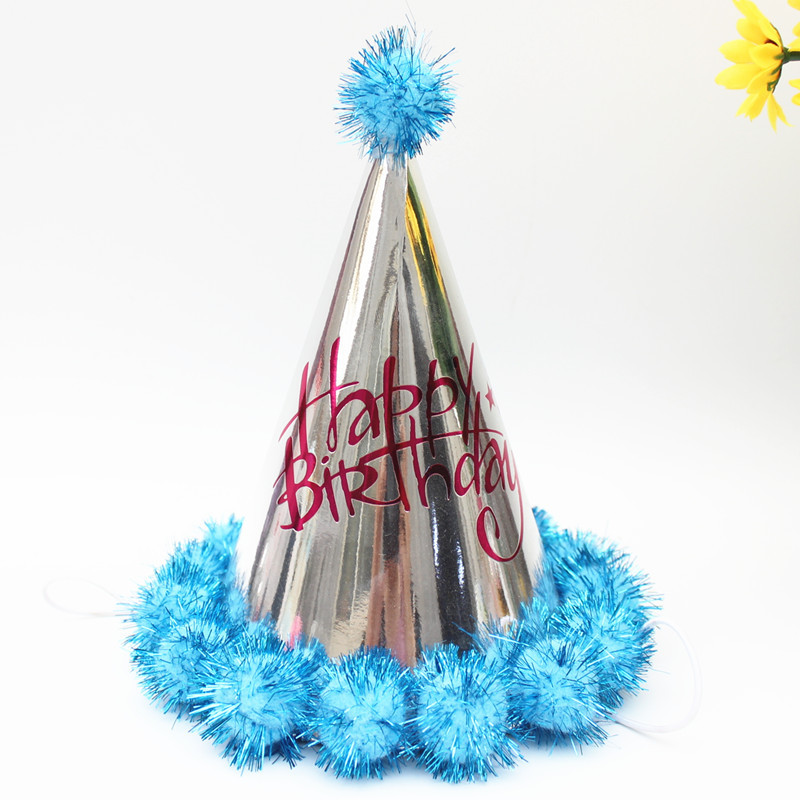Children's Adult Birthday Hat Laser Reflective Pointed Ball Cap Party Cone Hat Crown Cap Fluffy Ball Cap Birthday Crown