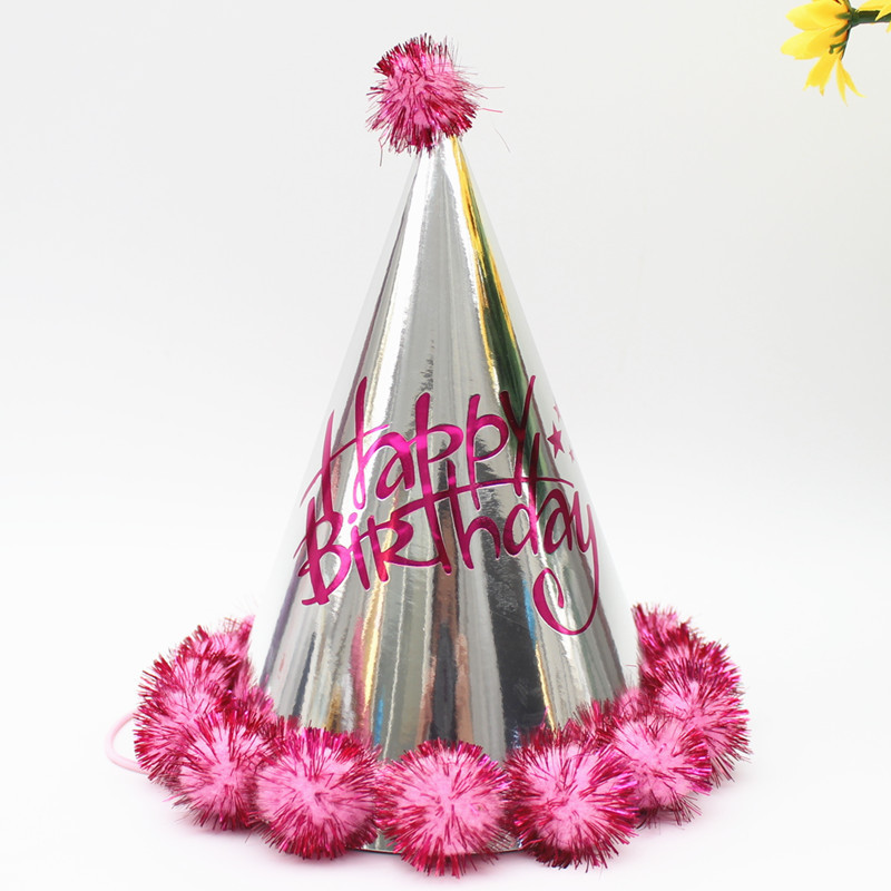 Children's Adult Birthday Hat Laser Reflective Pointed Ball Cap Party Cone Hat Crown Cap Fluffy Ball Cap Birthday Crown