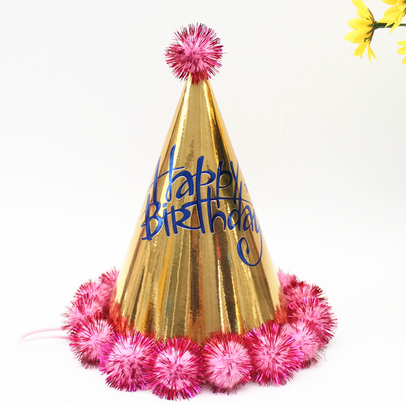 Children's Adult Birthday Hat Laser Reflective Pointed Ball Cap Party Cone Hat Crown Cap Fluffy Ball Cap Birthday Crown