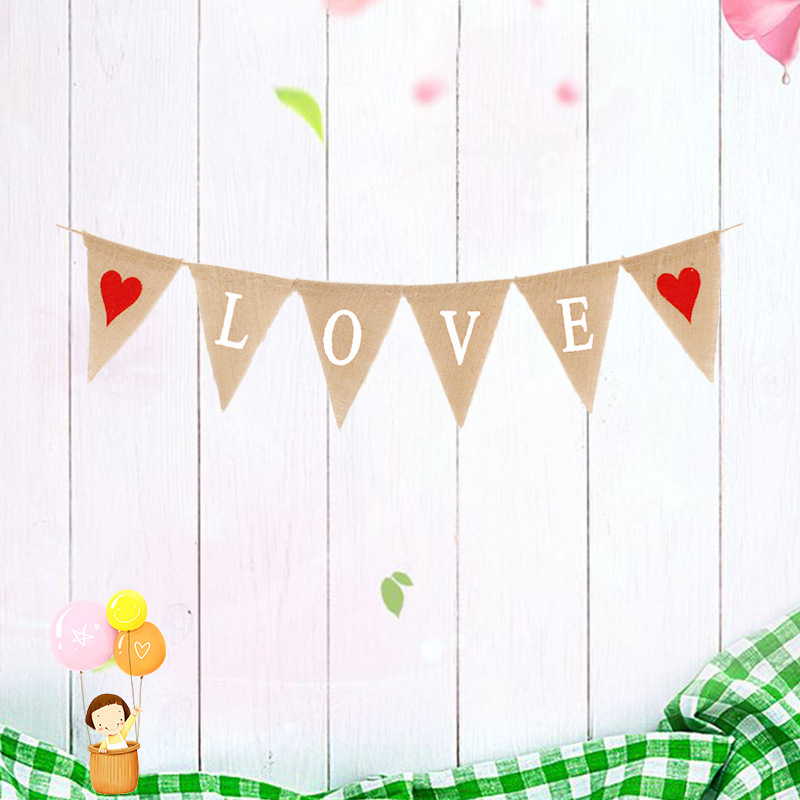 Wedding Party Decoration Garland Marriage Engagement Proposal Valentine&#039;s Day Red Heart Love Linen Triangle Hanging Flag