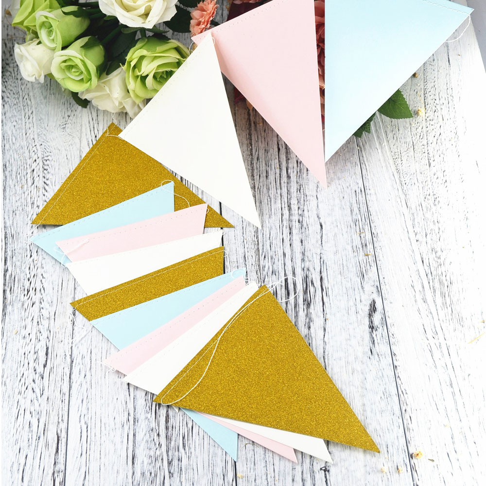 Factory Direct Sales Birthday Party Hanging Flag Party Decoration Supplies Triangle Hanging Flag Gold Pink White Wholesale
