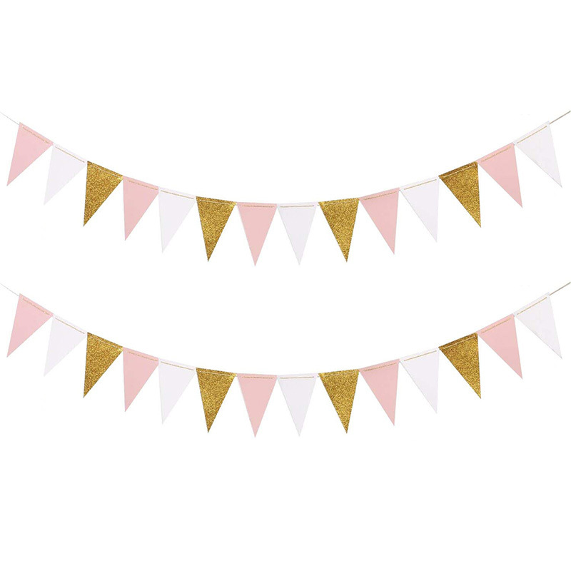 Factory Direct Sales Birthday Party Hanging Flag Party Decoration Supplies Triangle Hanging Flag Gold Pink White Wholesale
