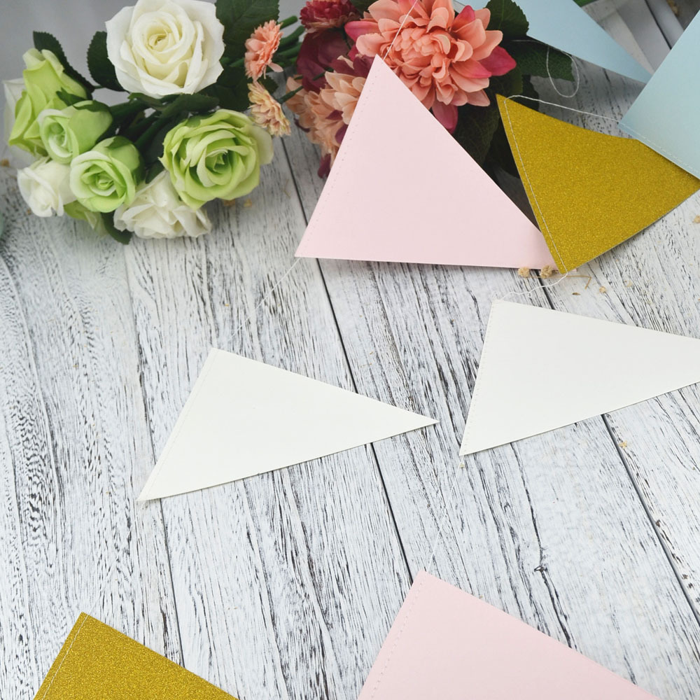 Factory Direct Sales Birthday Party Hanging Flag Party Decoration Supplies Triangle Hanging Flag Gold Pink White Wholesale