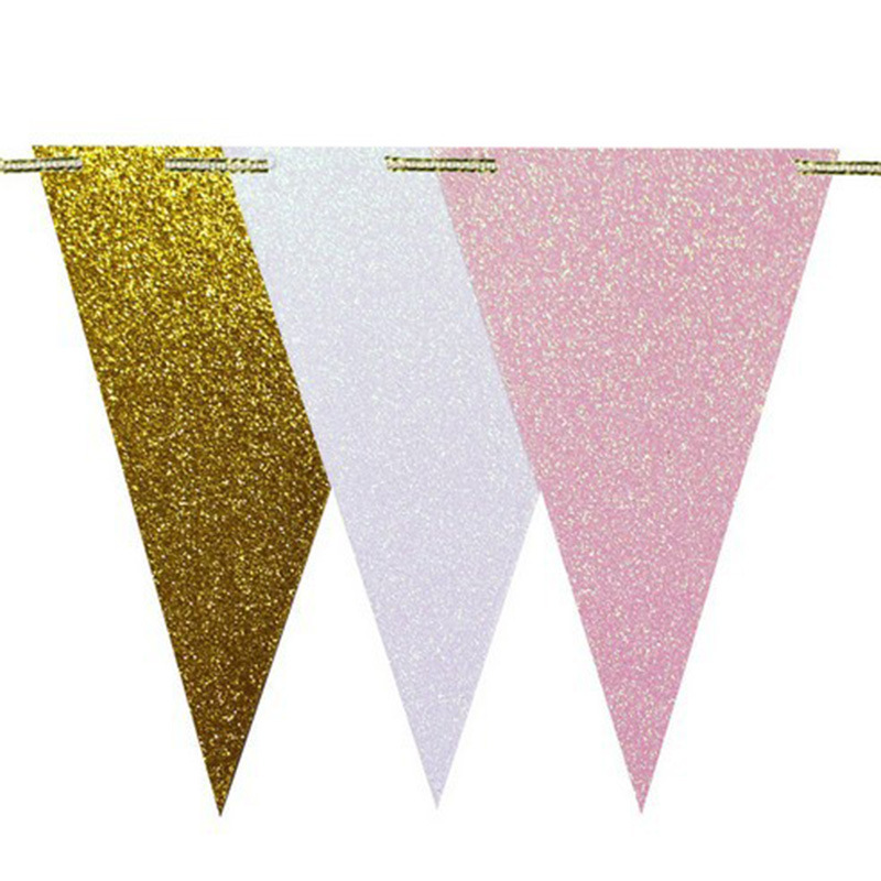 Factory Direct Sales Birthday Party Hanging Flag Party Decoration Supplies Triangle Hanging Flag Gold Pink White Wholesale