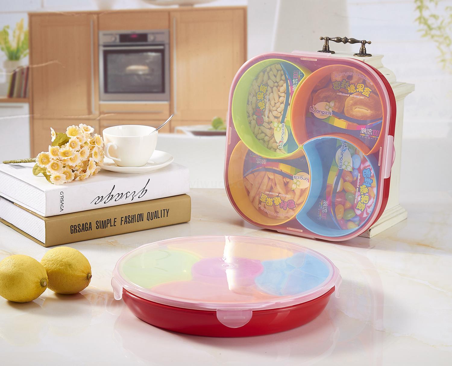 Blue Plastic Dried Fruit Tray Storage with Lid Fruit Box Separated by a Nut Plate Candy Box Fruit Box