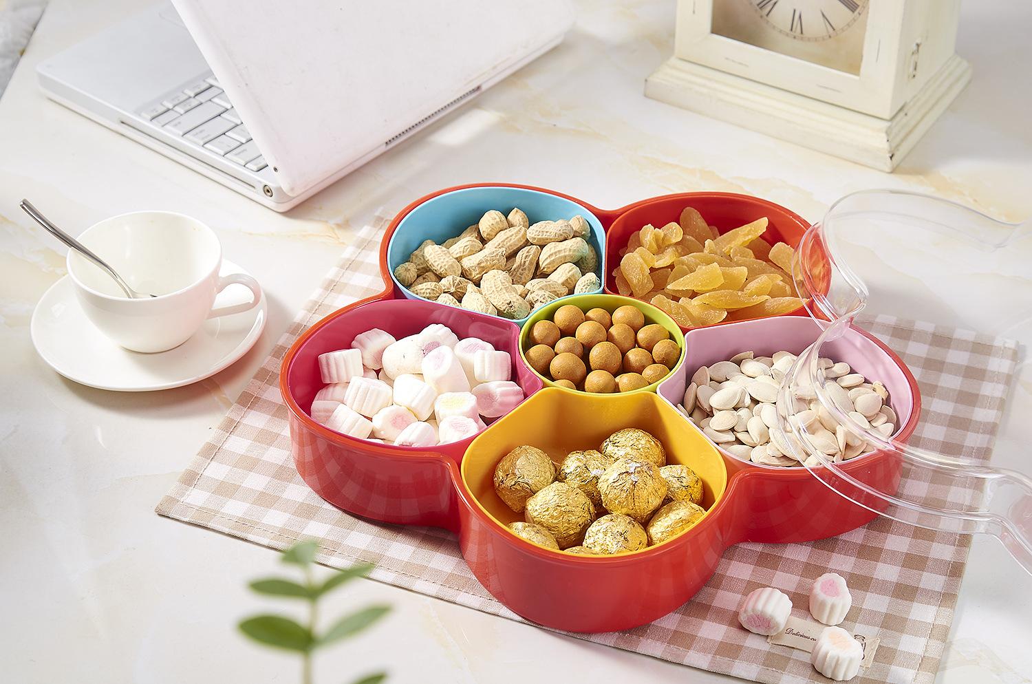 Blue Plastic Dried Fruit Tray Storage with Lid Fruit Box Separated by a Nut Plate Candy Box Fruit Box