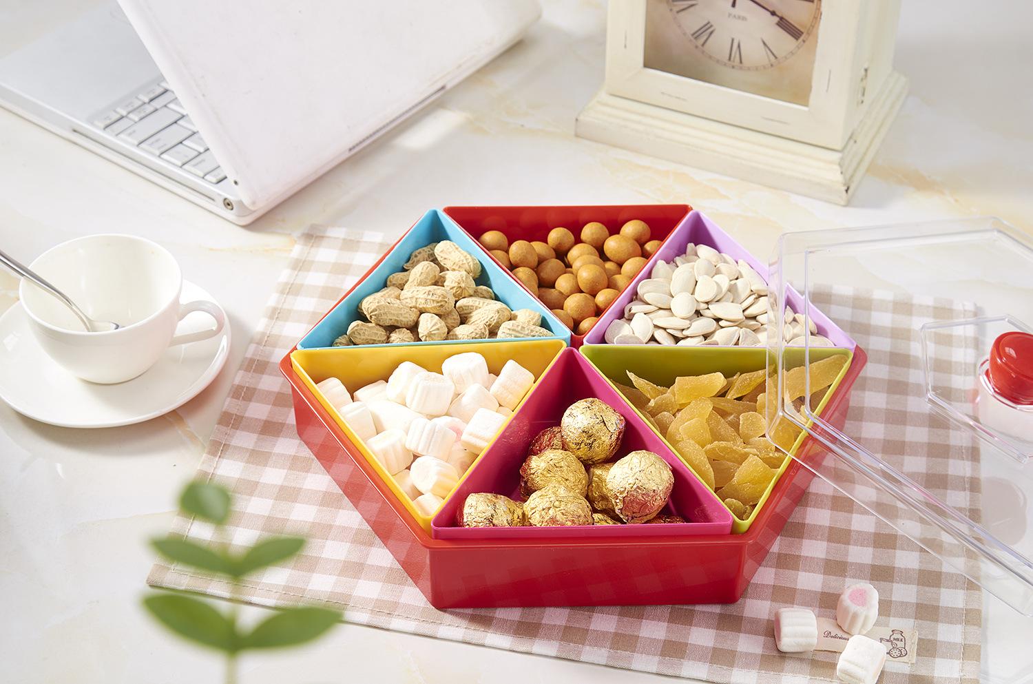 Blue Plastic Dried Fruit Tray Storage with Lid Fruit Box Separated by a Nut Plate Candy Box Fruit Box