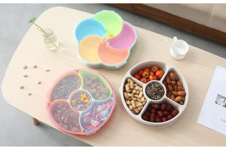 Household Two-Color Living Room Fruit Plate New Year Dried Fruit Tray Candy Box Compartment Snack Dish with Lid Sunflower Seeds Nut Box Seal
