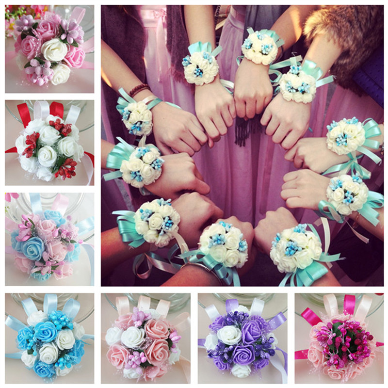 Flower Whole Bride and Bridesmaid Sisters Group Foam Wrist Flower Corsage Wedding Supplies Children Dance Handed Flower