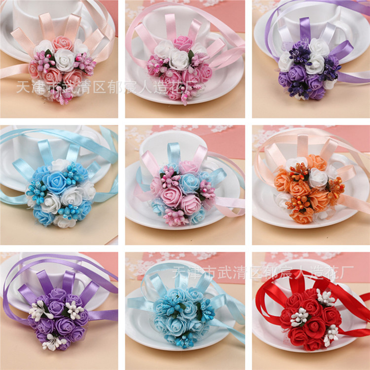 Flower Whole Bride and Bridesmaid Sisters Group Foam Wrist Flower Corsage Wedding Supplies Children Dance Handed Flower