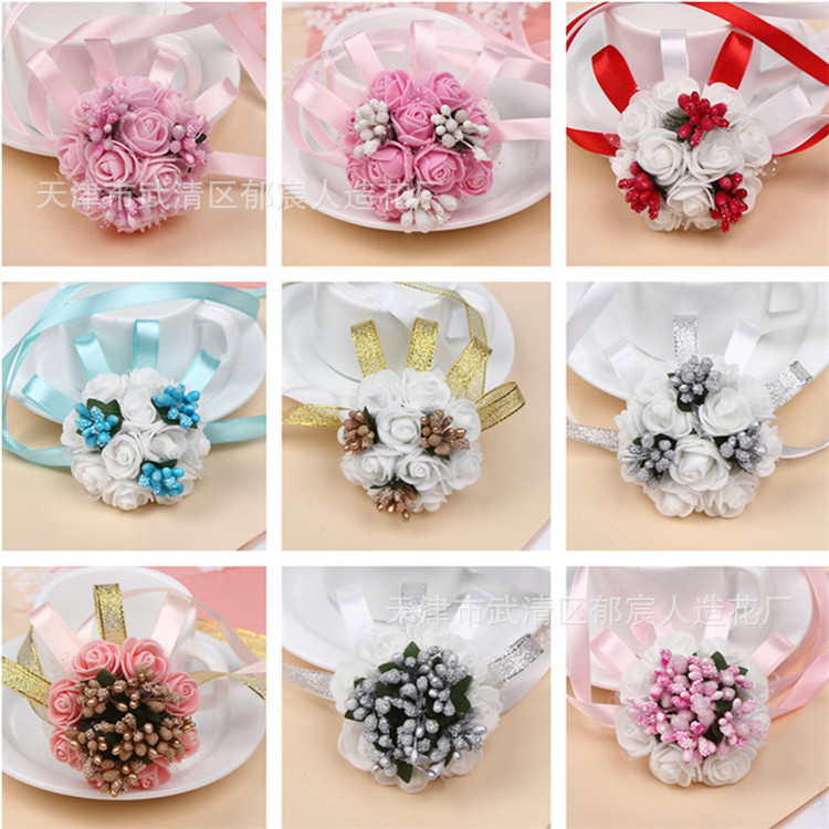 Flower Whole Bride and Bridesmaid Sisters Group Foam Wrist Flower Corsage Wedding Supplies Children Dance Handed Flower