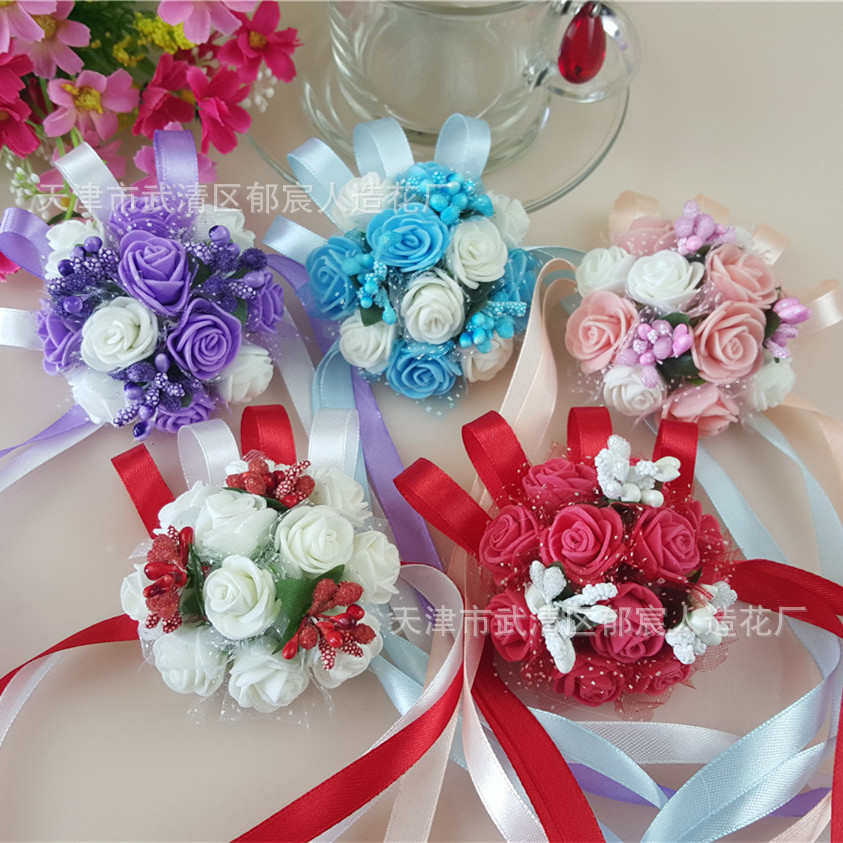 Flower Whole Bride and Bridesmaid Sisters Group Foam Wrist Flower Corsage Wedding Supplies Children Dance Handed Flower